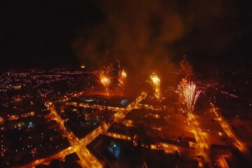 Fototapeta premium Night Sky Symphony: A vibrant aerial view of fireworks exploding over a city at night, creating a mesmerizing spectacle of light and color.