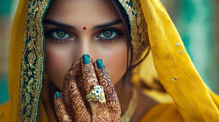 Beautiful Indian woman the bride, mehendi make up