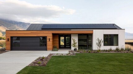 Fototapeta premium Modern Home with Solar Panels and Mountain Views.