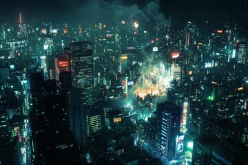 Cyberpunk Cityscape at Night: A breathtaking aerial view of a futuristic metropolis, awash in vibrant neon lights and shrouded in a smoky, cyberpunk atmosphere.