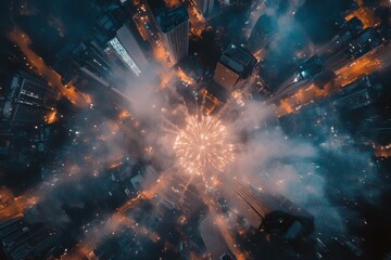 Cityscape Fireworks: A breathtaking aerial view captures the vibrant spectacle of fireworks exploding over a bustling city at night, illuminating the urban landscape with dazzling light and color.  