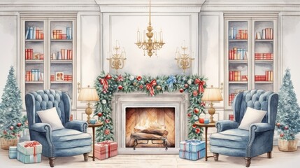 Fototapeta premium Christmas living room wallpaper fireplace furniture chair.