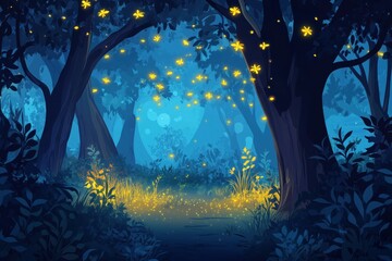 Magical forest with glowing fireflies, enchanting blue ambiance, lush greenery