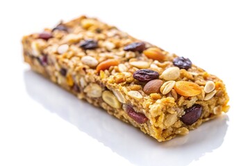 Drone photography highlights the rustic charm of a muesli cereal bar, isolated against a pristine white background.