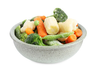 Different frozen vegetables in bowl isolated on white
