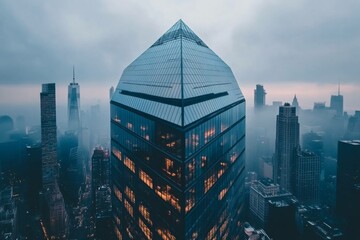 The Shard in the Mist: A majestic skyscraper pierces a misty cityscape, its unique architectural design standing tall and prominent against a moody, atmospheric backdrop.  