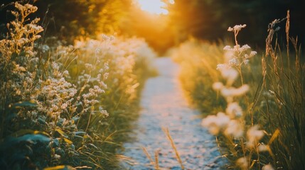 A tranquil gravel road through blooming fields at sunset in the heartland of nature's beauty