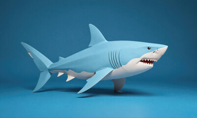 Obraz premium A blue and white shark model swims in a blue background