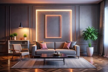 a room with a couch, a table, and a large mirror