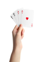 Poker game. Woman with playing cards on white background, closeup