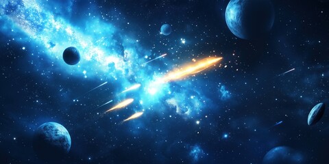 Cosmic scene with galaxies, planets, and shooting stars in deep space