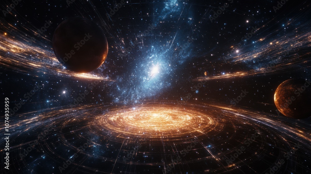 Poster a dramatic wide-angle view of a glowing energy field in space, surrounded by celestial bodies and vi