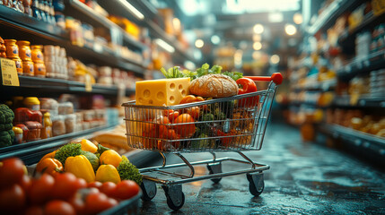 Shopping Cart with Groceries: Milk, Eggs, Cheese, Meat, Bread, Vegetables, and Fruit in Supermarket