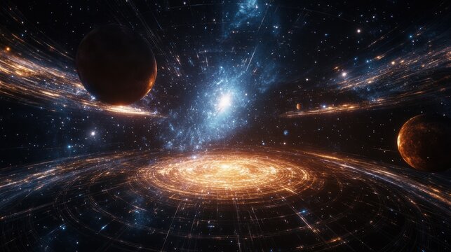 A dramatic wide-angle view of a glowing energy field in space, surrounded by celestial bodies and vibrant cosmic phenomena