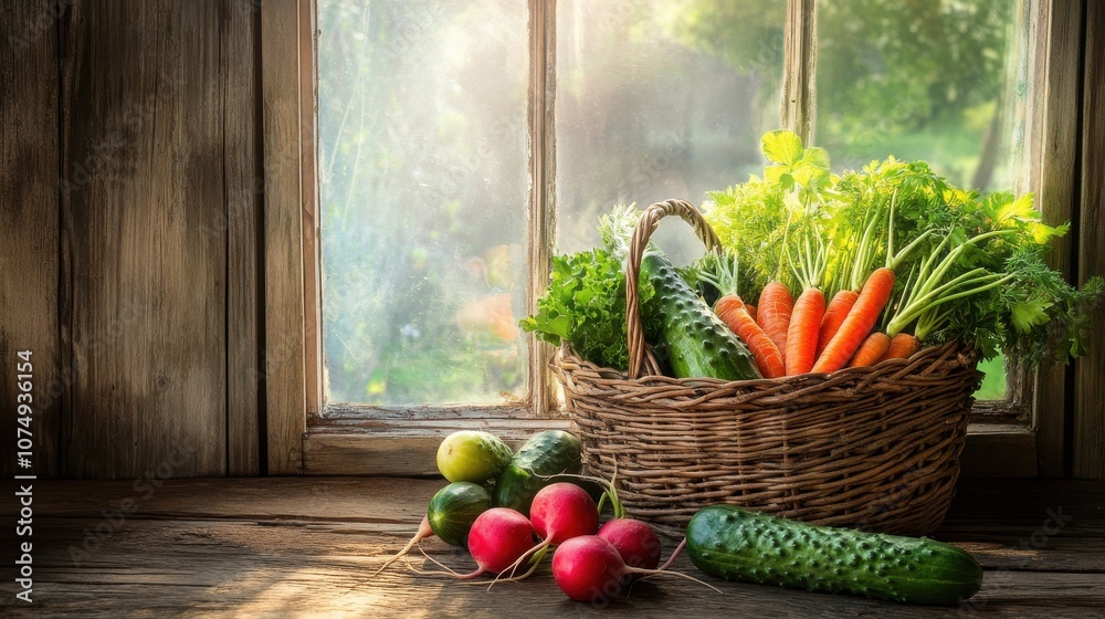 Poster a wicker basket overflowing with fresh vegetables by a sunny window in a rustic home
