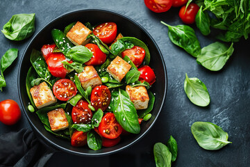 Colorful homemade vegetable stir fry with tofu in a wok on a dark kitchen countertop