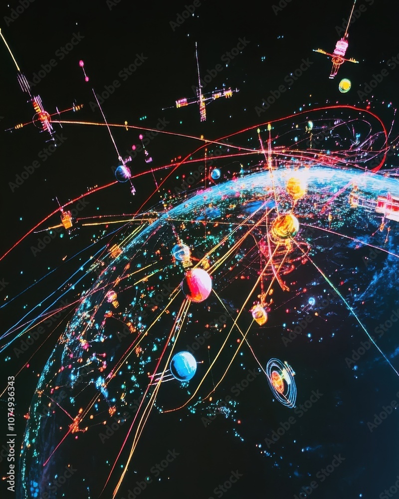 Poster a colorful illustration of interconnected planets and satellites orbiting earth in a dynamic cosmic 