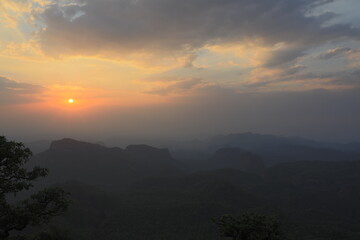 Beautiful Sunset view of satpura mountain range, View from Dhoopgarh, Pachmarhi, Madhya Pradesh, India.