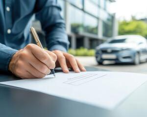 person is signing document outdoors, with car parked nearby. scene conveys sense of formality and importance