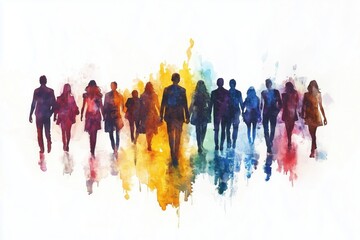 Naklejka premium Silhouettes of diverse people walking together, vibrant colors, watercolor effect