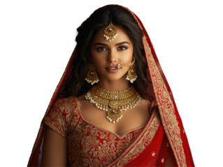 Woman as Indian bride, wear red and gold saree. PNG прозорий фон
