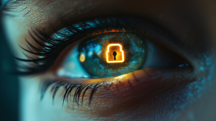 Augenausschnitt mit Schlosssymbol auf Iris als Hologramm Sicherheit im Blick Generative AI