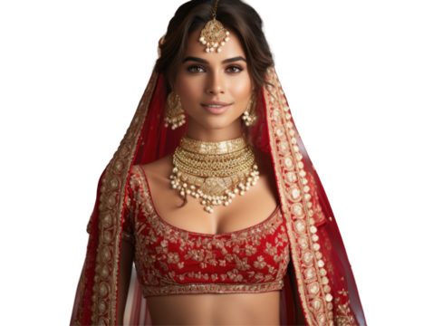 Woman as Indian bride, wear red and gold saree. PNG прозорий фон