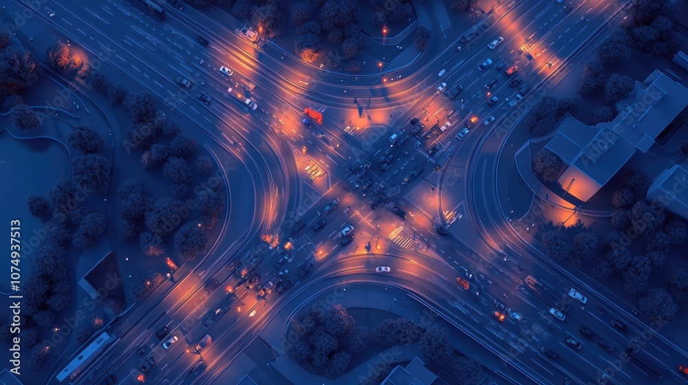 Poster aerial view of a bustling highway intersection illuminated at dusk with flowing traffic and vibrant 