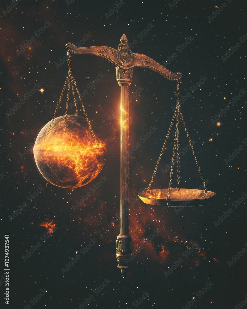 Poster a floating scale balancing a cosmic sphere amidst a backdrop of vibrant stars in the vastness of spa
