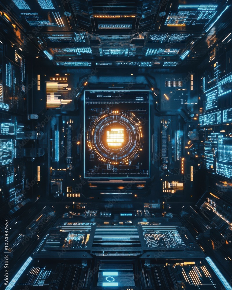 Fototapete aerial view of a futuristic workspace showcasing advanced technology and vibrant digital interfaces 