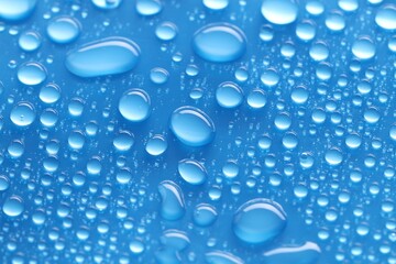 Water drops on blue background, closeup view