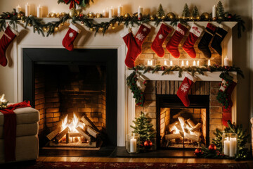 A cozy Christmas festive stockings hanging over a fireplace.