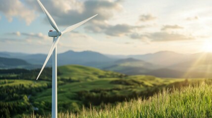 Wind Turbine on a Hilltop at Sunset.