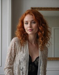 Fototapeta premium Red-haired woman with lace cardigan posing gracefully in elegant indoor setting for fashion inspiration photography