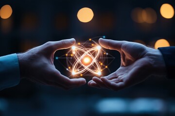 Two hands gently hold a glowing atom, symbolizing the power of science, energy, and human connection. A vibrant representation of innovation and synergy.