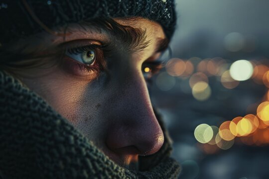 Person with Eyebags in Cold Environment Close-Up