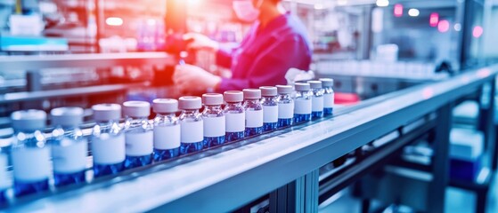 A production line featuring multiple vials, highlighting a pharmaceutical environment with a worker overseeing the process.