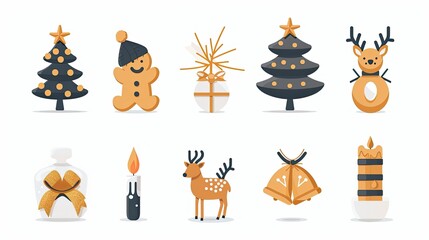 a Christmas tree and snowflakes in gold color on a white background