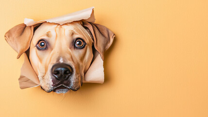 Obraz premium dog’s face peeking through ripped paper against orange background, showcasing its expressive eyes and playful demeanor. This captures moment of curiosity and charm