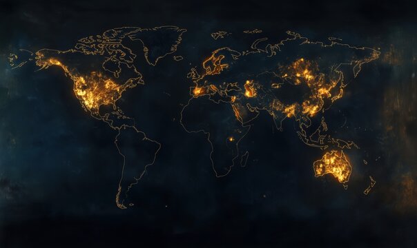 World map illuminated by fiery lights, showcasing urban areas and population density