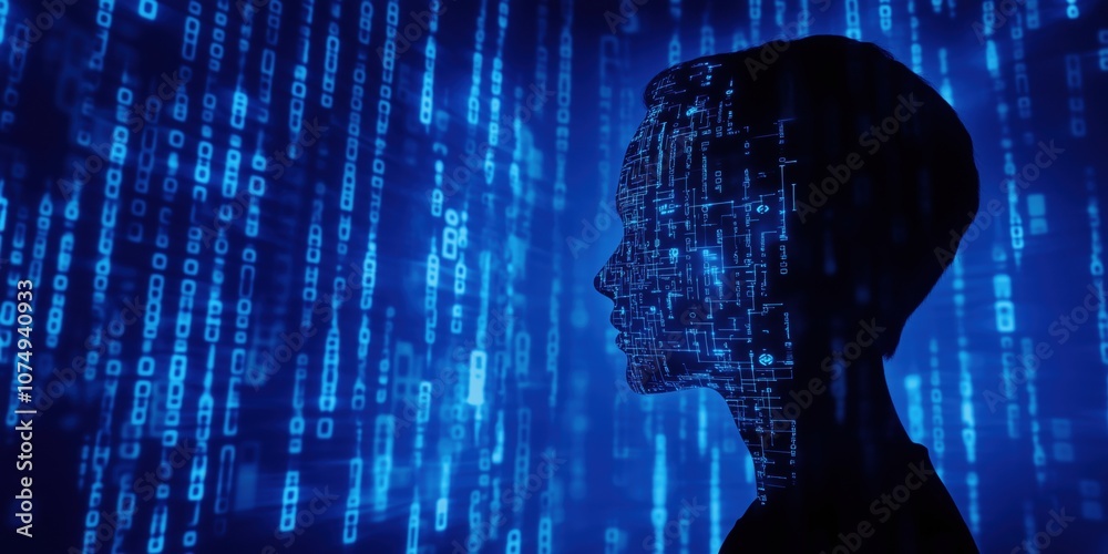 Poster digital silhouette with binary code and circuit patterns, glowing blue background