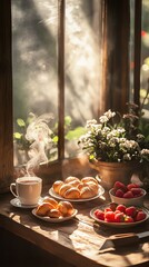 Fototapeta premium Coffee with bread and fruit Cozy breakfast with coffee and pastries.