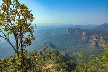 Beautiful view of satpura mountain range, View from Chouragarh Lord Shiva temple, Pachmarhi, Madhya Pradesh, India.