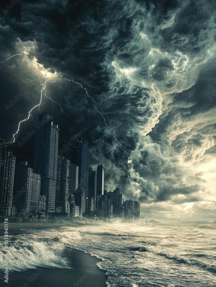 Poster Lightning strikes as dark clouds roll over a coastal city, casting an ominous shadow while crashing waves surge against the shore. Generative AI