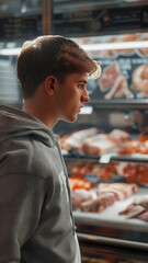 Fototapeta premium Young Man Browsing in a Grocery Store with Shelves of Produce