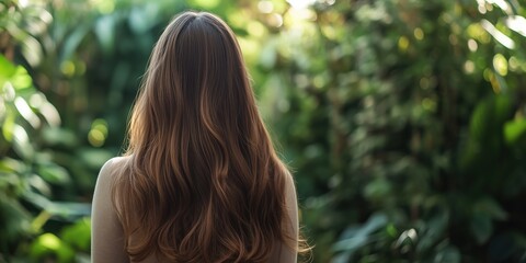 Long hair woman in lush greenery, serene atmosphere, natural beauty