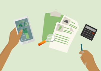 Analyzing Carbon Footprint and Environmental Data for Sustainability. Environmental Impact. Carbon Emissions and Environmental Data Analytics. Tracking Carbon Impact. Vector illustration