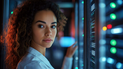 A woman technician engaged in IT support inside a data center. She works with server equipment, showcasing her role in technology and networking.