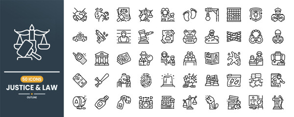Justice and Law vector line icon set. Contains linear outline icons like Court, Legal, Judge, Crime, Lawyer, Criminal, Prison, Police, Gavel, Verdict, detective, Spy. Editable use and stroke.