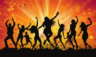 Silhouettes dancing against vibrant sunset background, joyful celebration, energy